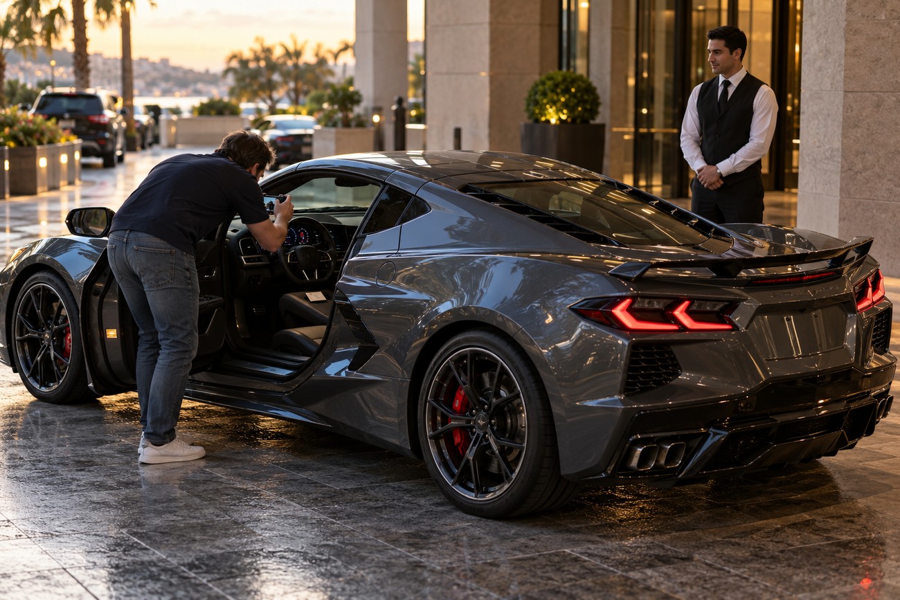 Man leaning into the open door of a gray sports car parked outside a luxury hotel entrance with a valet standing nearby