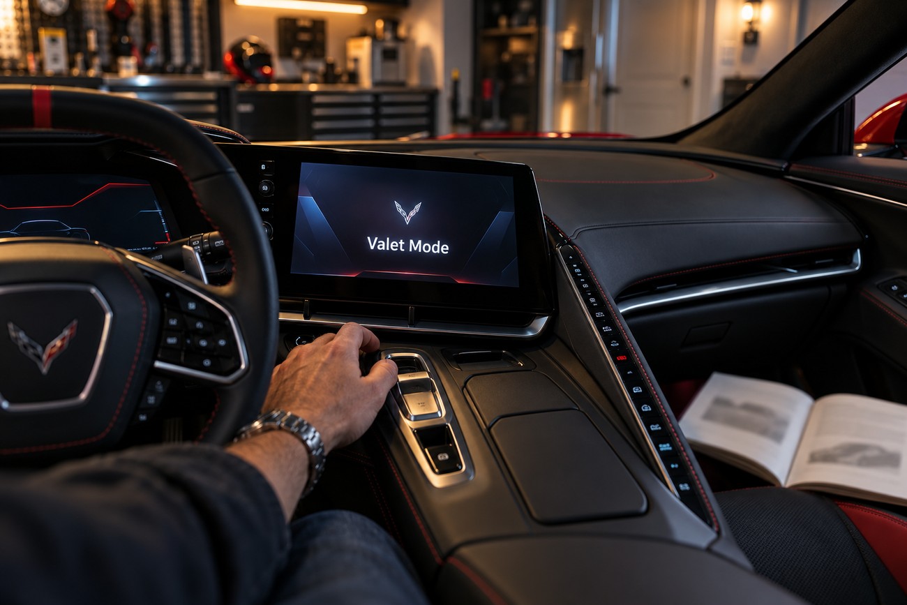 Driver pressing a button on the center console of a Chevrolet Corvette with Valet Mode displayed on the screen