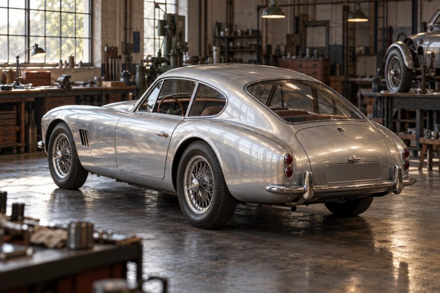A vintage silver AC Aceca coupe parked inside a classic automotive restoration workshop