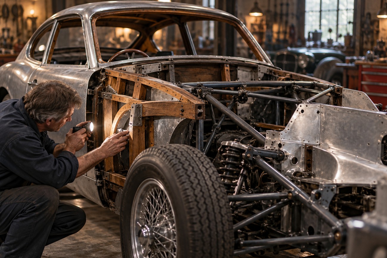 A craftsman uses a flashlight to inspect the wooden framework and aluminum body of an AC Aceca classic sports car inside a workshop