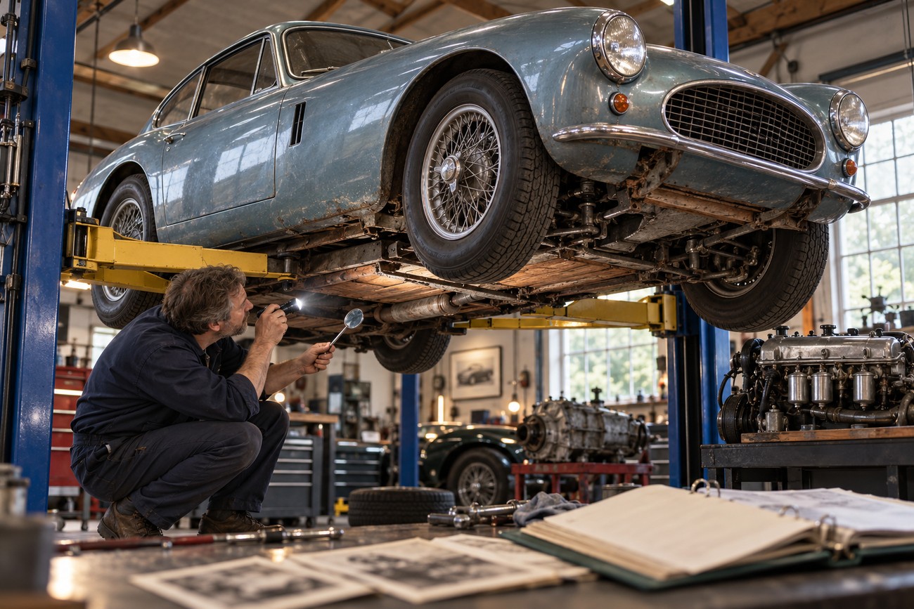 Mechanic with a flashlight inspecting the undercarriage of a classic blue AC Aceca lifted on a hydraulic hoist in a workshop