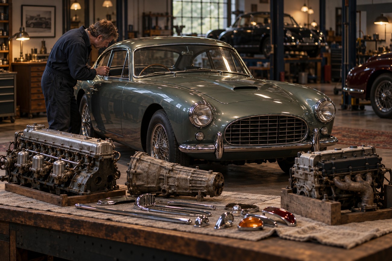 A classic green AC Aceca coupe parked in a vintage restoration garage with engine parts on a workbench
