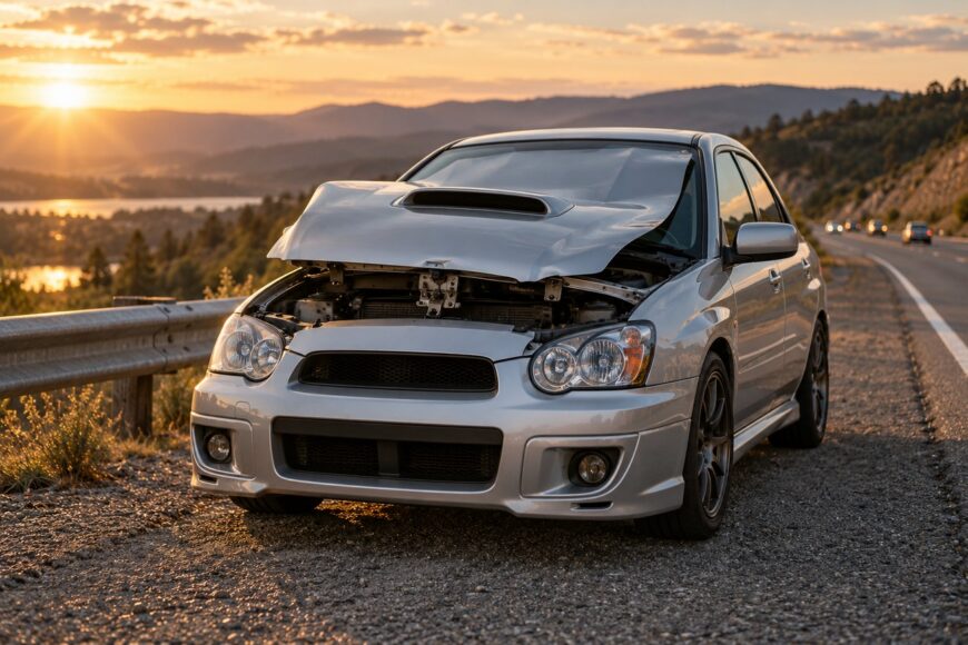 Silver Subaru Impreza parked on a highway shoulder with its hood popped open and bent upward against the windshield at sunset
