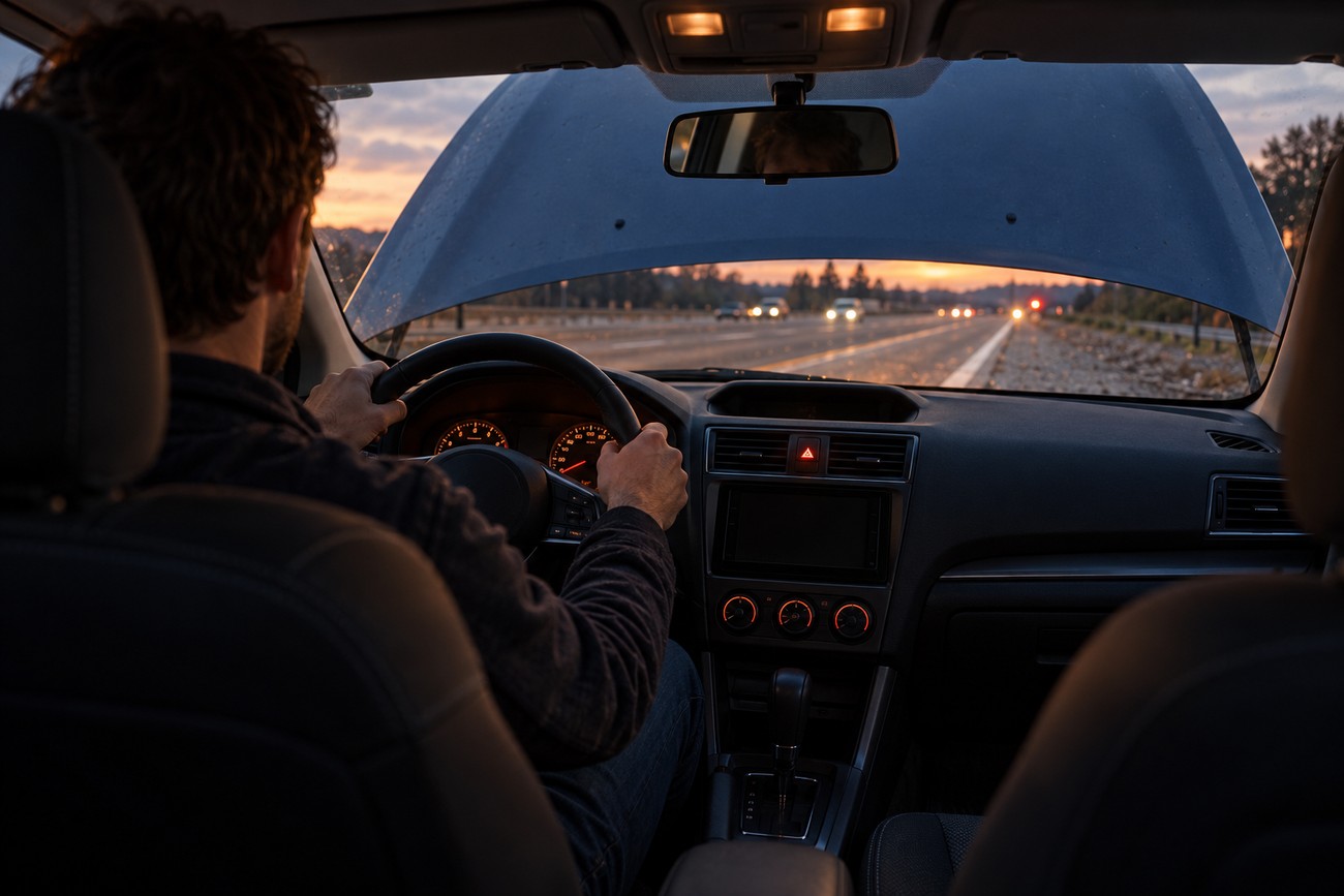 Driver holding the steering wheel inside a Subaru Impreza as the hood suddenly flies up and blocks the windshield view while driving on a highway at sunset