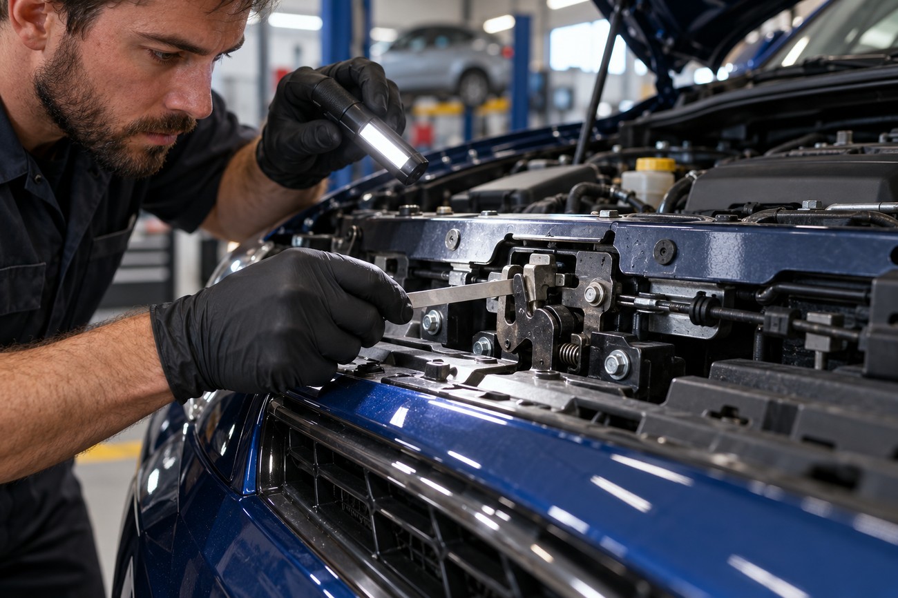 Mechanic wearing black gloves inspecting the hood latch mechanism of a blue Subaru Impreza with a flashlight