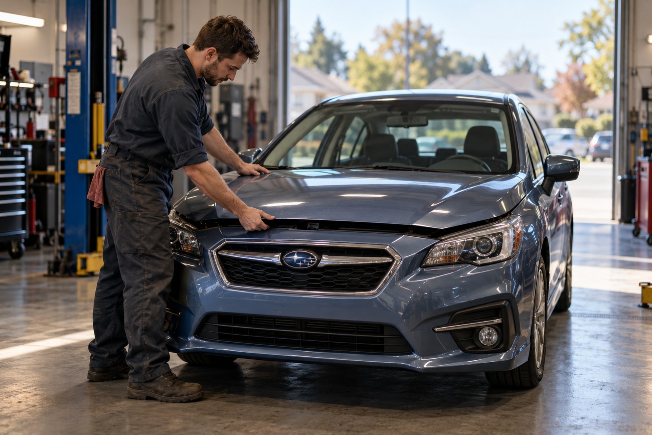 Mechanic in dark overalls inspecting the front hood of a blue Subaru Impreza inside a repair shop