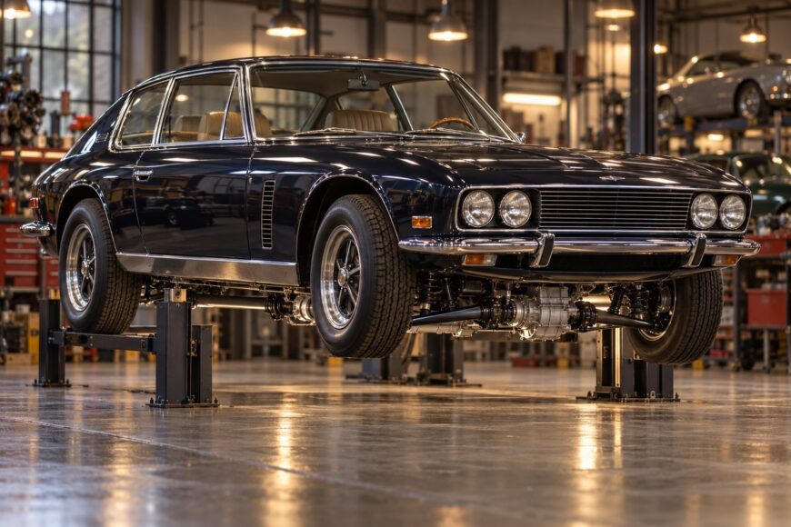 A dark blue classic Jensen FF grand tourer raised on a workshop lift displaying its front-wheel-drive mechanical components