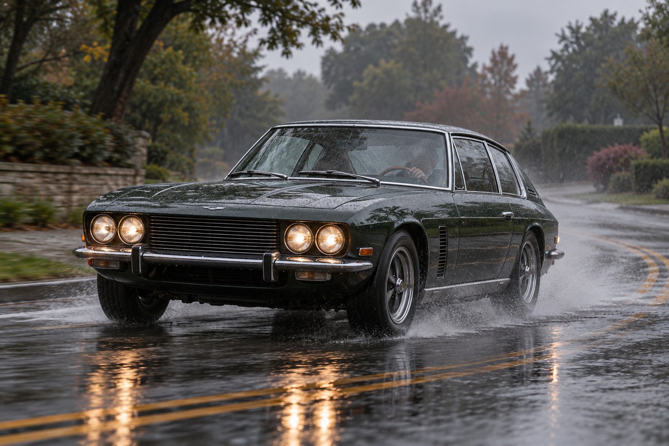 A dark green Jensen FF classic grand tourer driving along a wet asphalt road splashing water during heavy rain