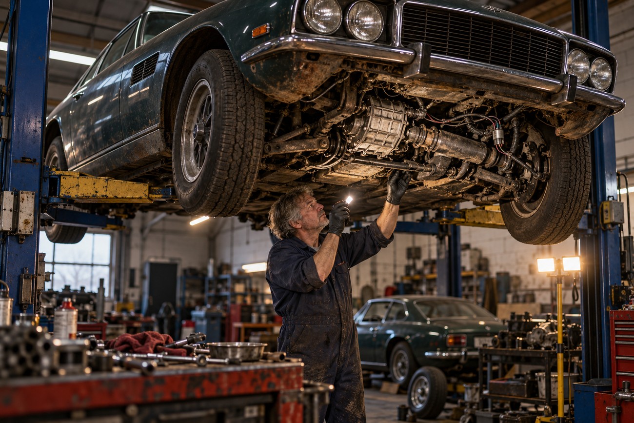 A mechanic in overalls inspecting the underbody and AWD system of a classic Jensen FF on a hydraulic lift with a flashlight