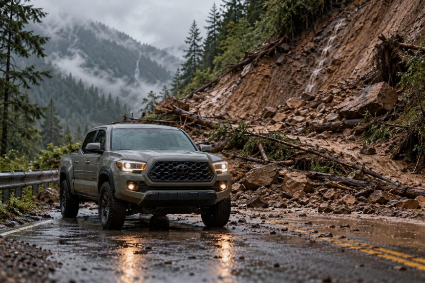 Grey Toyota Tacoma pickup truck stopped on a wet mountain road blocked by a landslide of mud and rocks