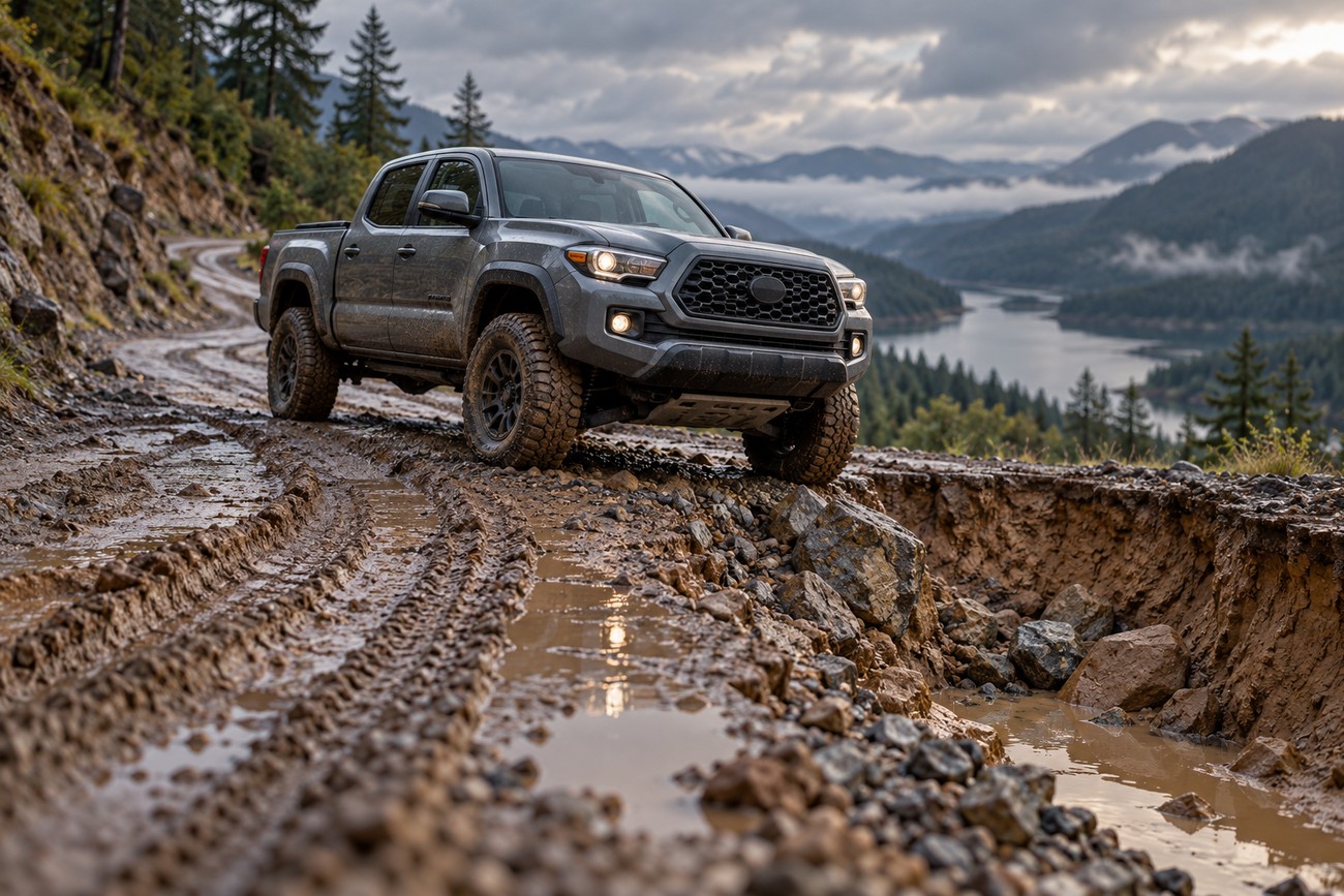 A gray Toyota Tacoma truck driving on a muddy mountain road blocked by rocks and debris from a landslide