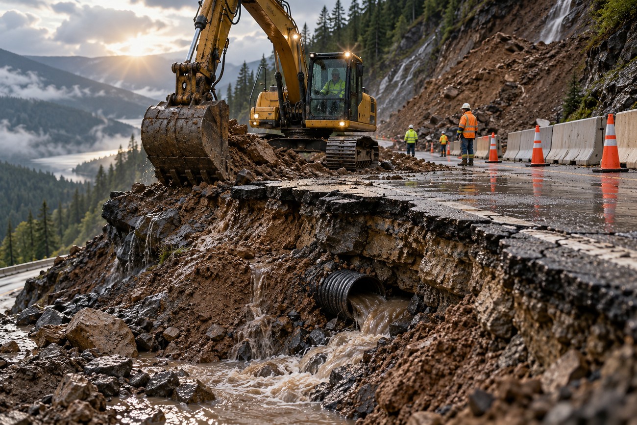 An excavator clearing mud and debris from a landslide blocking a damaged mountain road with orange cones