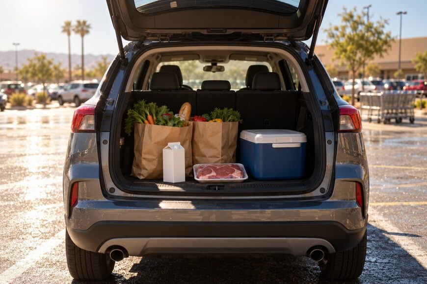 Open trunk of a Ford Escape filled with brown grocery bags meat carton and blue cooler in a sunny parking lot