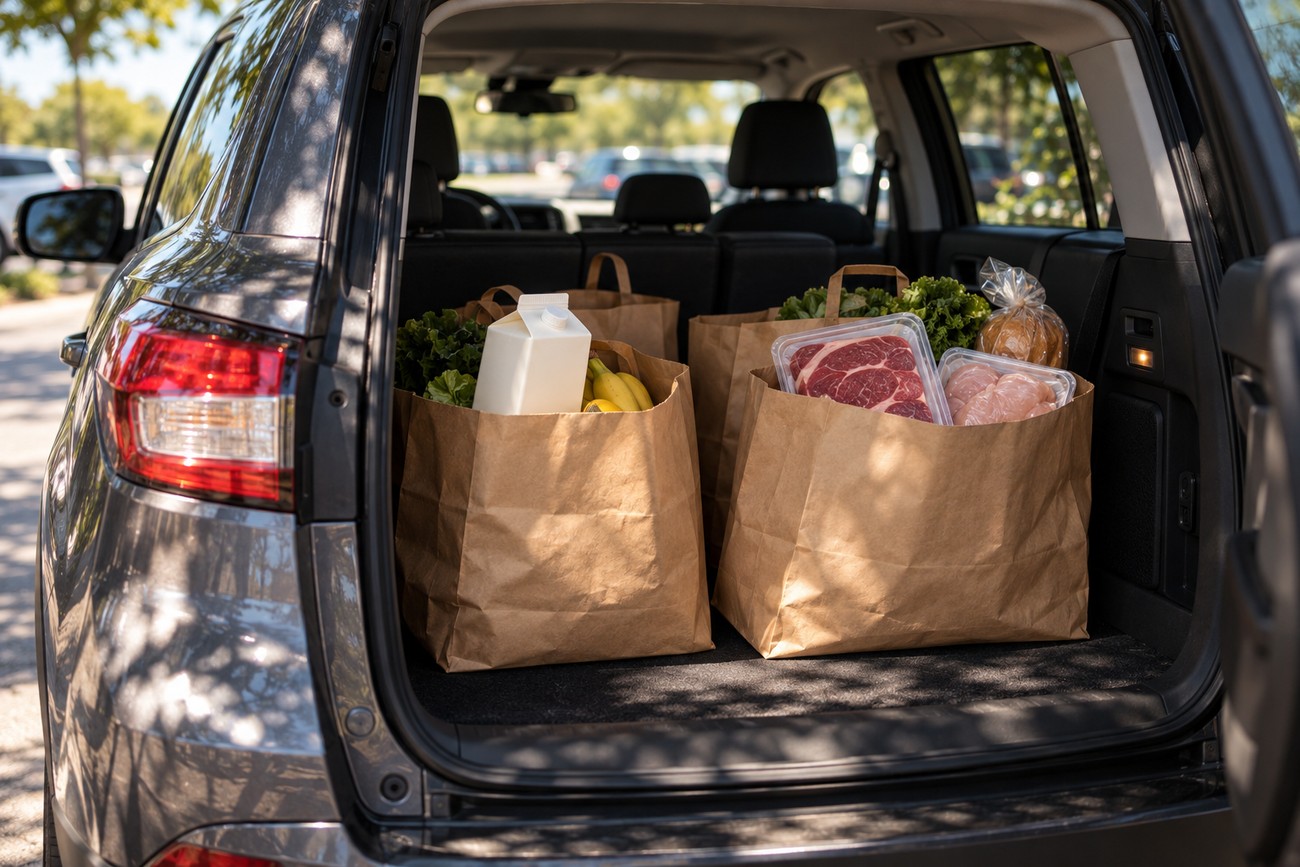 Brown paper grocery bags with meat, milk, and produce sitting in the open trunk of a Ford Escape SUV