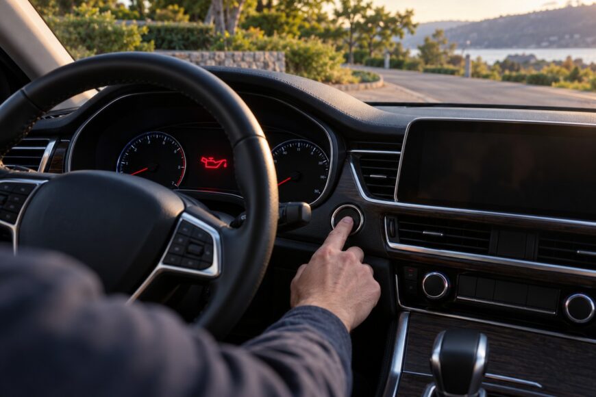Driver pressing the engine start button on the dashboard while a red low oil pressure warning light glows on the instrument panel
