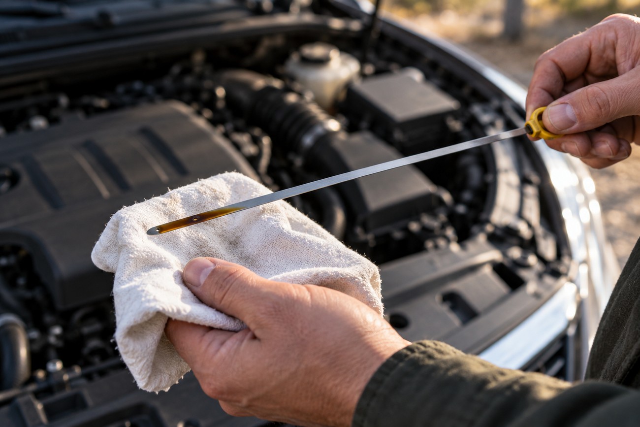 A person wiping an engine oil dipstick with a cloth in front of an open car hood