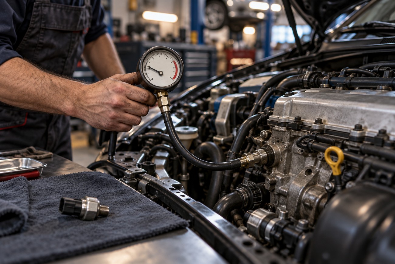 A mechanic in overalls holds an analog oil pressure gauge connected to the engine of a car in a service shop