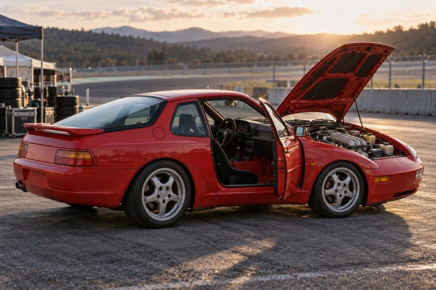 Bright red Porsche 968 Club Sport parked in a racetrack paddock with its hood and door open during sunset