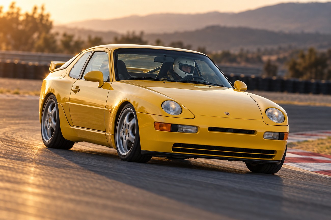 A bright yellow Porsche 968 Club Sport driving on a racetrack with a driver wearing a white helmet during sunset