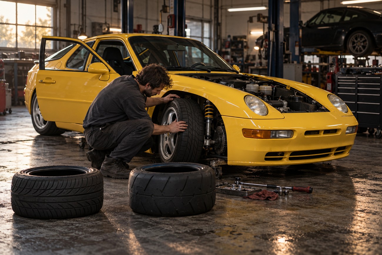 Mechanic working on the suspension and wheels of a bright yellow Porsche 968 Club Sport in a garage