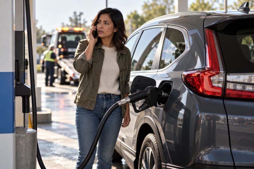Worried woman talking on her smartphone while refueling her gray Honda CR-V at a gas station with a tow truck visible in the background