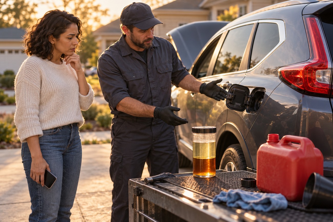 A mechanic in coveralls points toward the open fuel door of a gray Honda CR-V while a concerned woman looks on next to a container of fuel