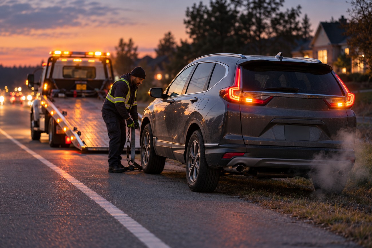 A tow truck driver in a high-visibility vest attaches a tow strap to the wheel of a disabled Honda CR-V parked on the roadside at sunset