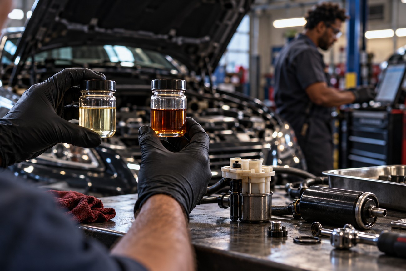 Mechanic in black gloves holding two jars with different fuel samples over a workshop workbench with tools and car parts