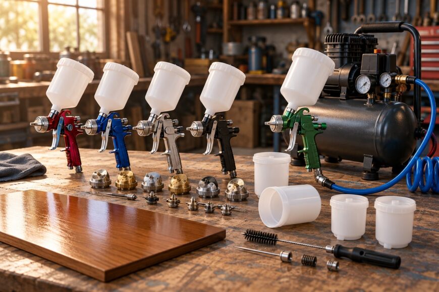 Several colorful HVLP spray guns with white plastic cups and an air compressor on a wooden workbench