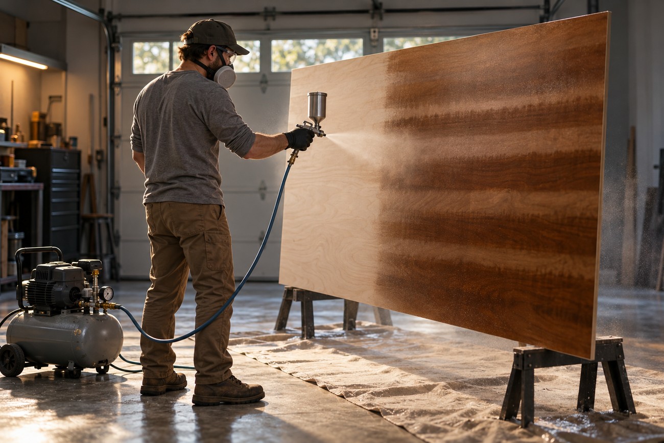 Man wearing a respirator mask using an HVLP spray gun to stain a large wooden board in his garage workshop