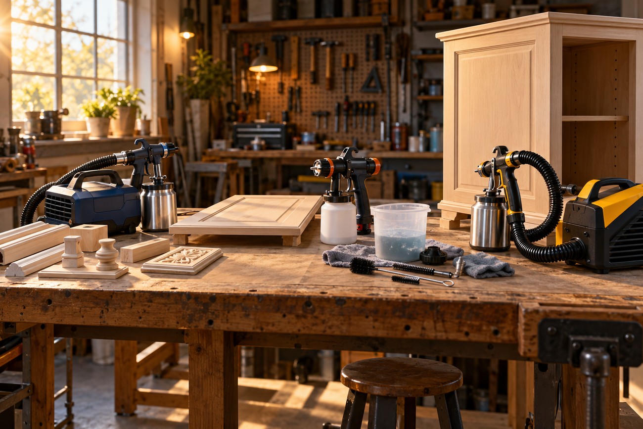 Several HVLP spray guns and wooden cabinet parts arranged on a wooden workbench inside a workshop
