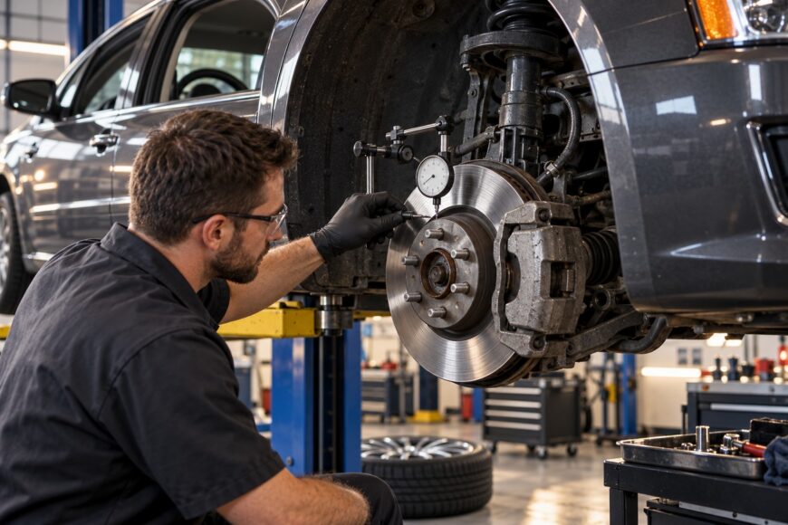 Mechanic using a dial indicator to inspect a car brake rotor in a repair shop