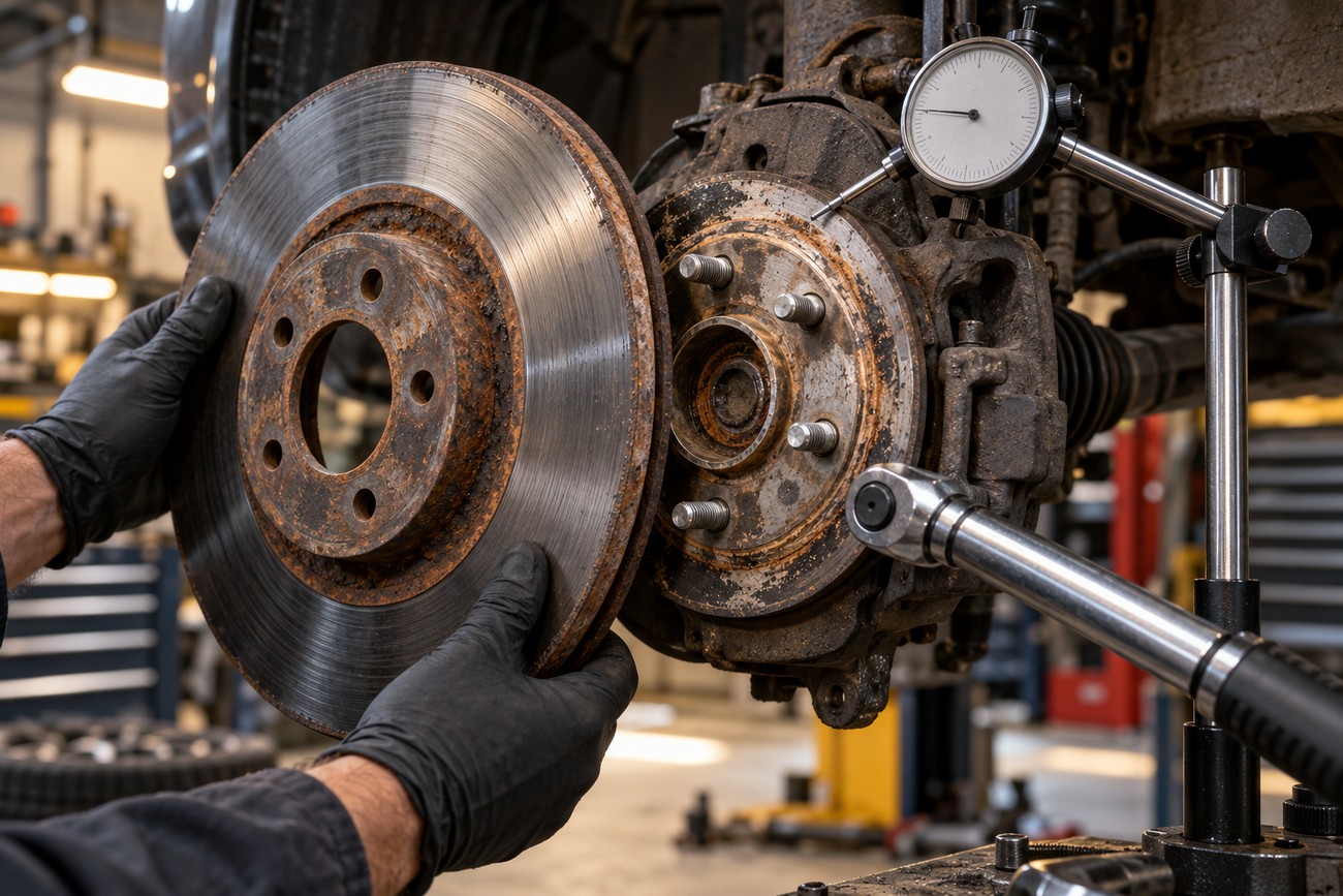 Mechanic wearing black gloves holding a rusty brake rotor next to a car wheel hub with a dial indicator gauge