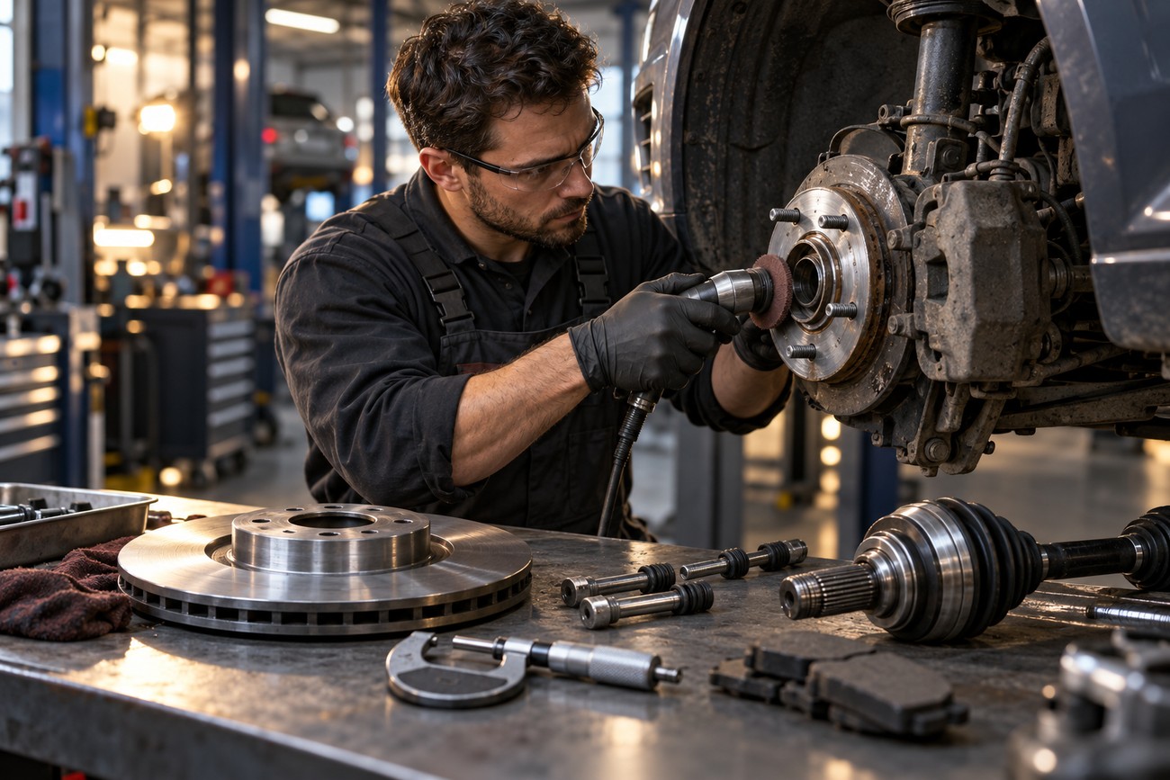 Mechanic in safety glasses using a power tool to service car brake assembly in an auto repair shop
