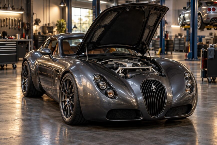 Dark grey Wiesmann GT MF5 sports car with its hood open showcasing the engine inside a garage