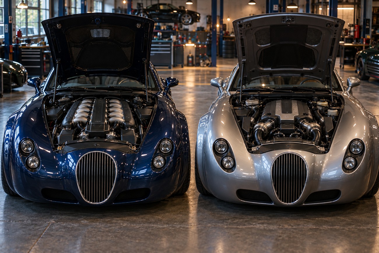Two Wiesmann GT MF5 sports cars in dark blue and silver parked inside a professional garage with open hoods displaying their engines