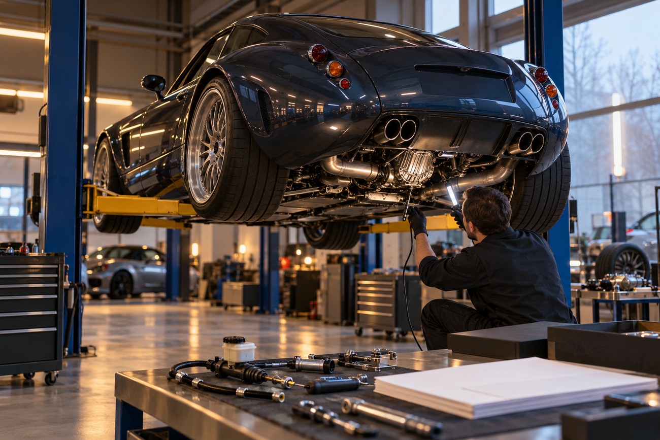 A mechanic inspecting the undercarriage of a Wiesmann GT MF5 sports car lifted on a hoist in a modern garage