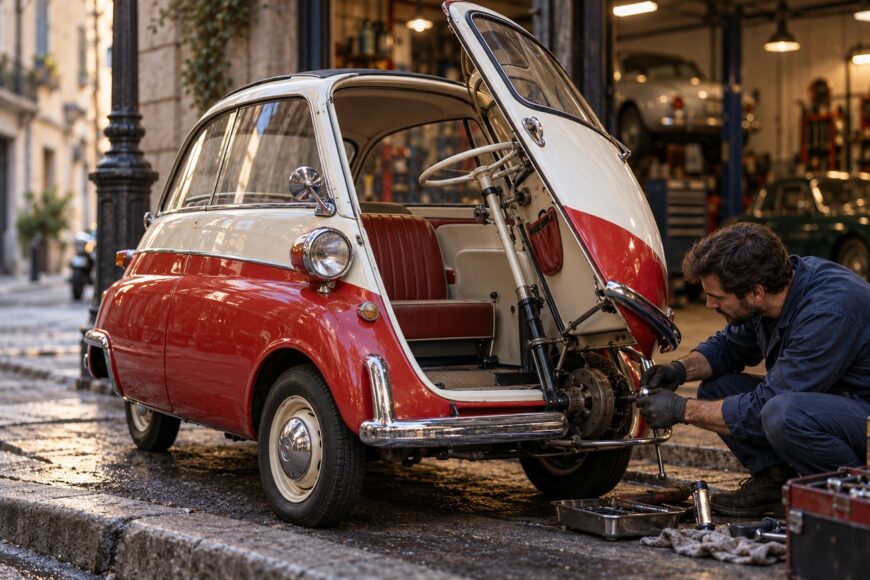 A mechanic in work overalls repairing the front suspension of a red and white BMW Isetta bubble car parked on a cobblestone street with its front door swung open