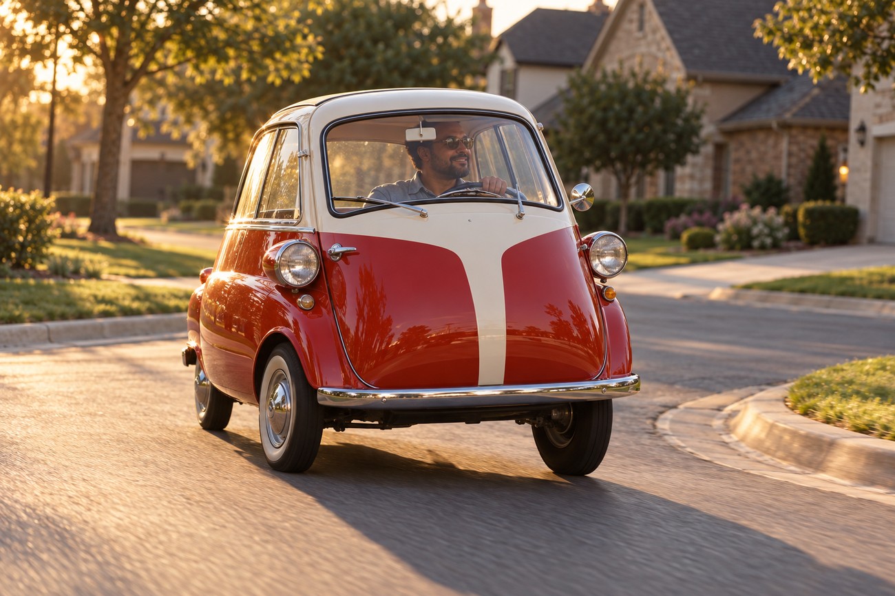 A man drives a vintage red and white BMW Isetta microcar along a residential suburban road during sunset