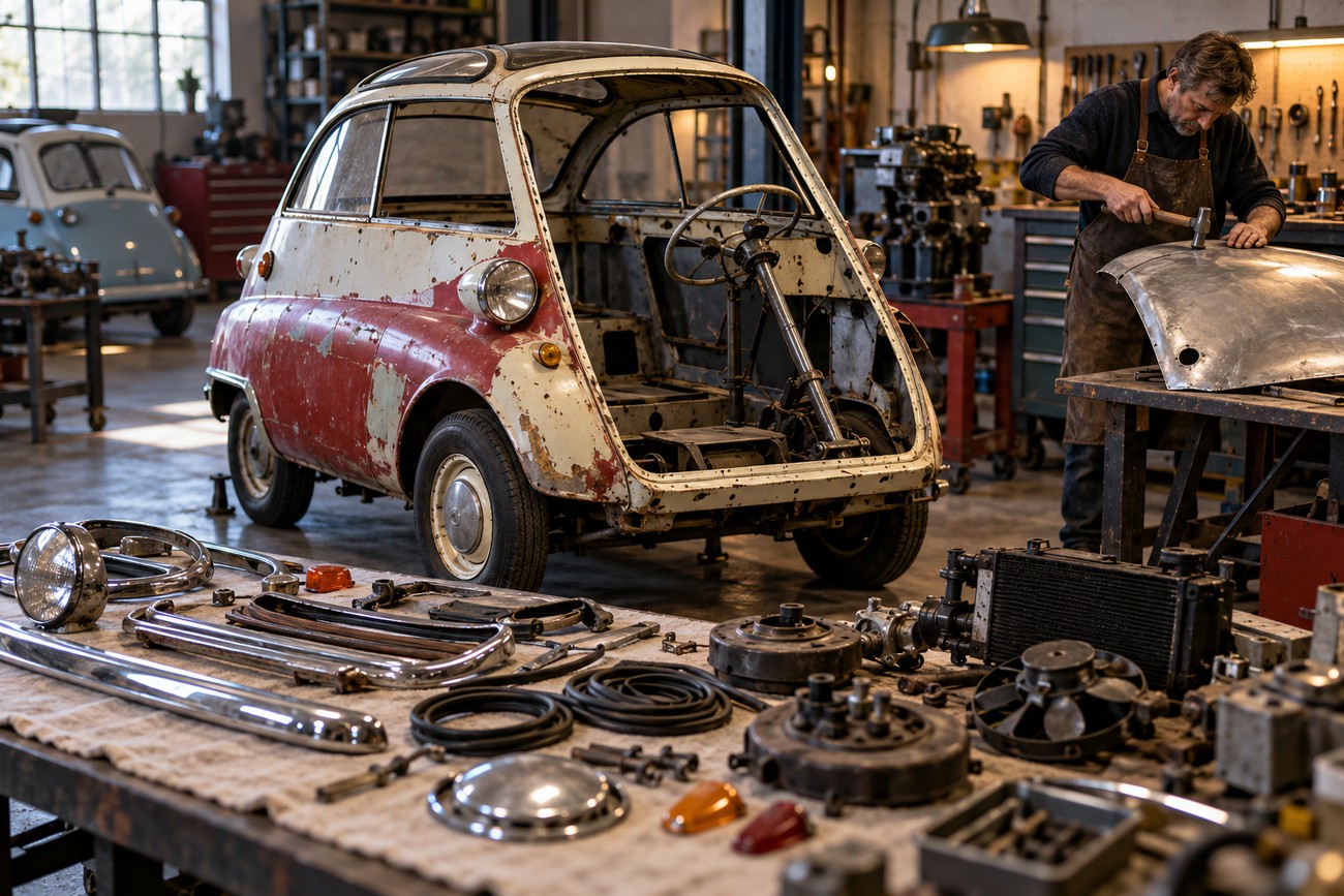 Mechanic working on a metal panel next to a vintage BMW Isetta undergoing restoration in a cluttered garage