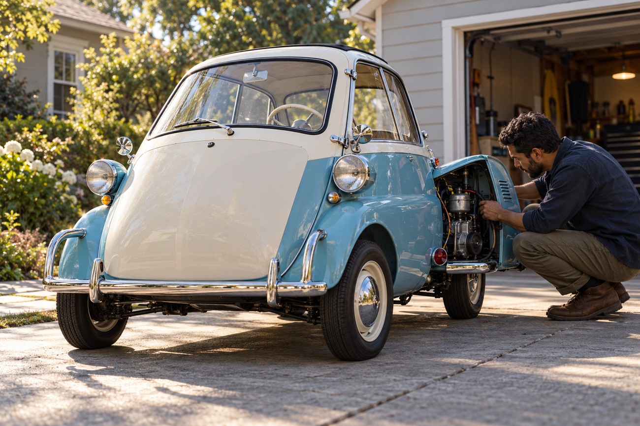 A man crouching beside a vintage blue and white BMW Isetta bubble car and inspecting its open engine compartment