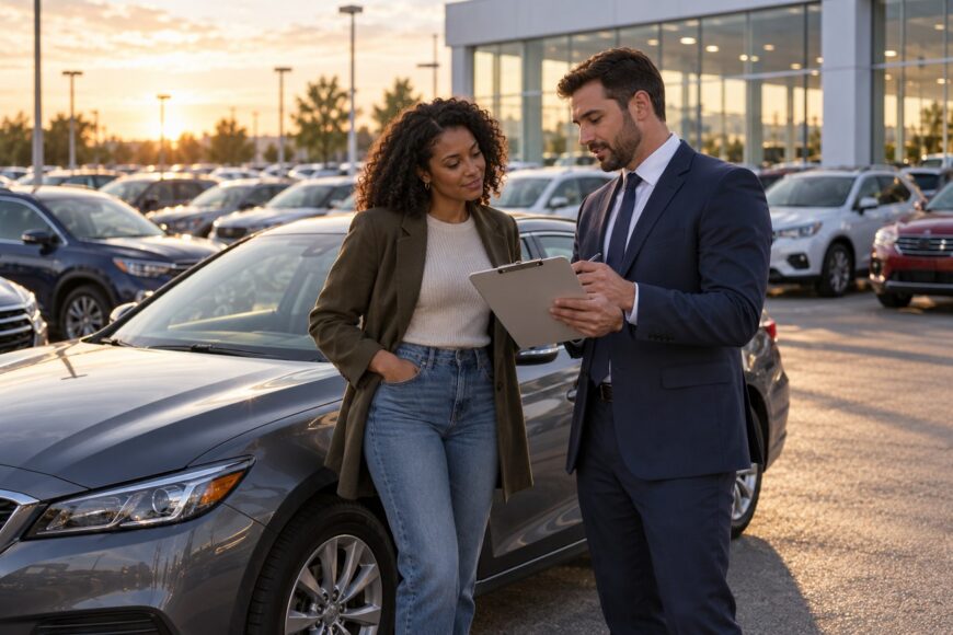 A car salesman in a suit and a female customer reviewing paperwork on a clipboard outdoors at a used car dealership