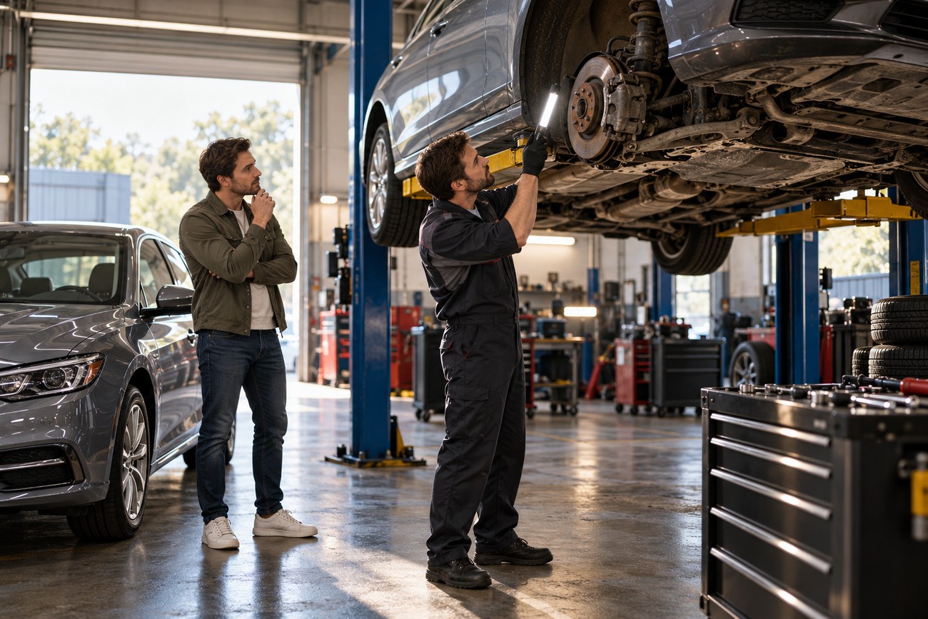 A mechanic inspecting the undercarriage of a lifted used car with a flashlight while a potential buyer watches in a garage