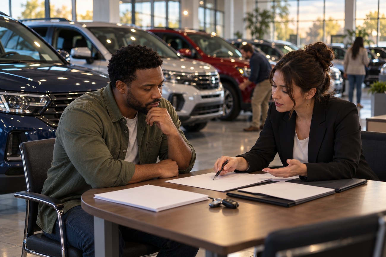 A female car salesperson explaining paperwork to a male customer at a desk inside a dealership showroom
