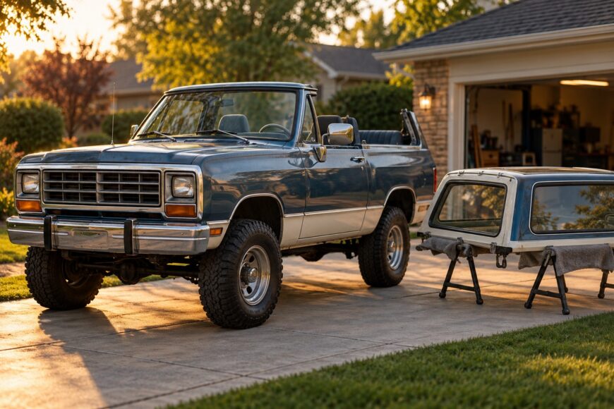 Classic blue and white Dodge Ramcharger SUV parked in a residential driveway with its removable hardtop placed on sawhorses beside it