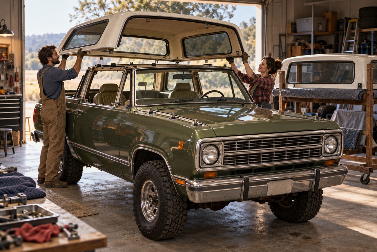 A man and a woman lift the removable hardtop off a green classic Dodge Ramcharger in a garage