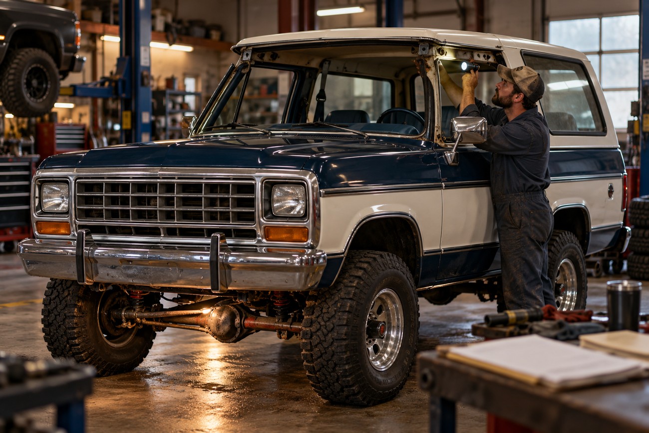 A mechanic uses a flashlight to inspect the removable top frame of a blue and white vintage Dodge Ramcharger full-size SUV in a garage