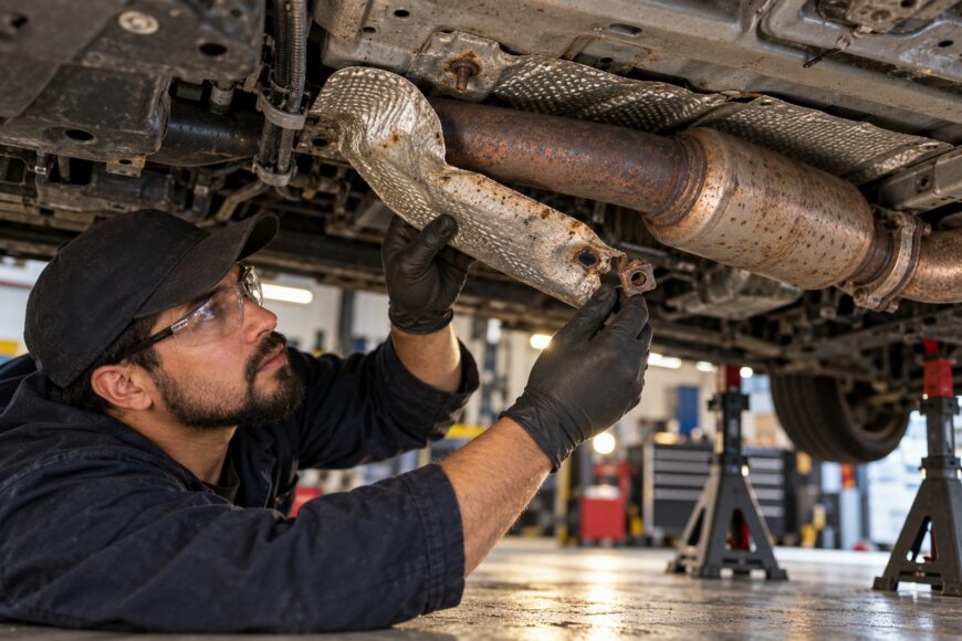 Mechanic wearing safety glasses and black gloves inspecting a damaged exhaust heat shield under a car