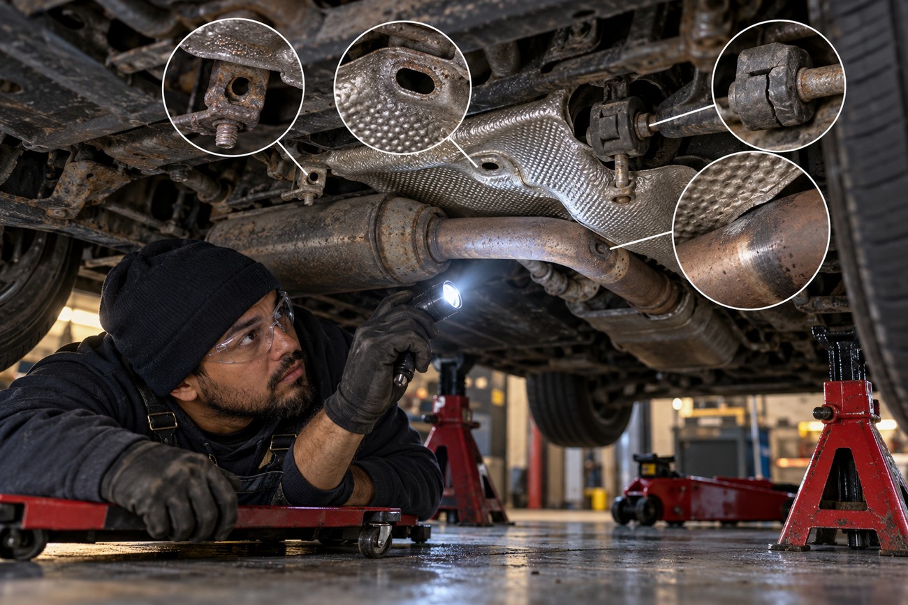 Mechanic lying under a raised car on a creeper and using a flashlight to inspect the rusted exhaust system and heat shield