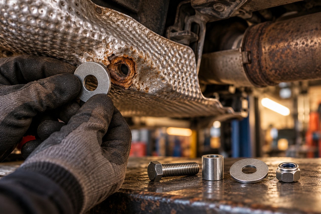 A mechanic in gloves holds a large washer to repair a rusted exhaust heat shield under a car